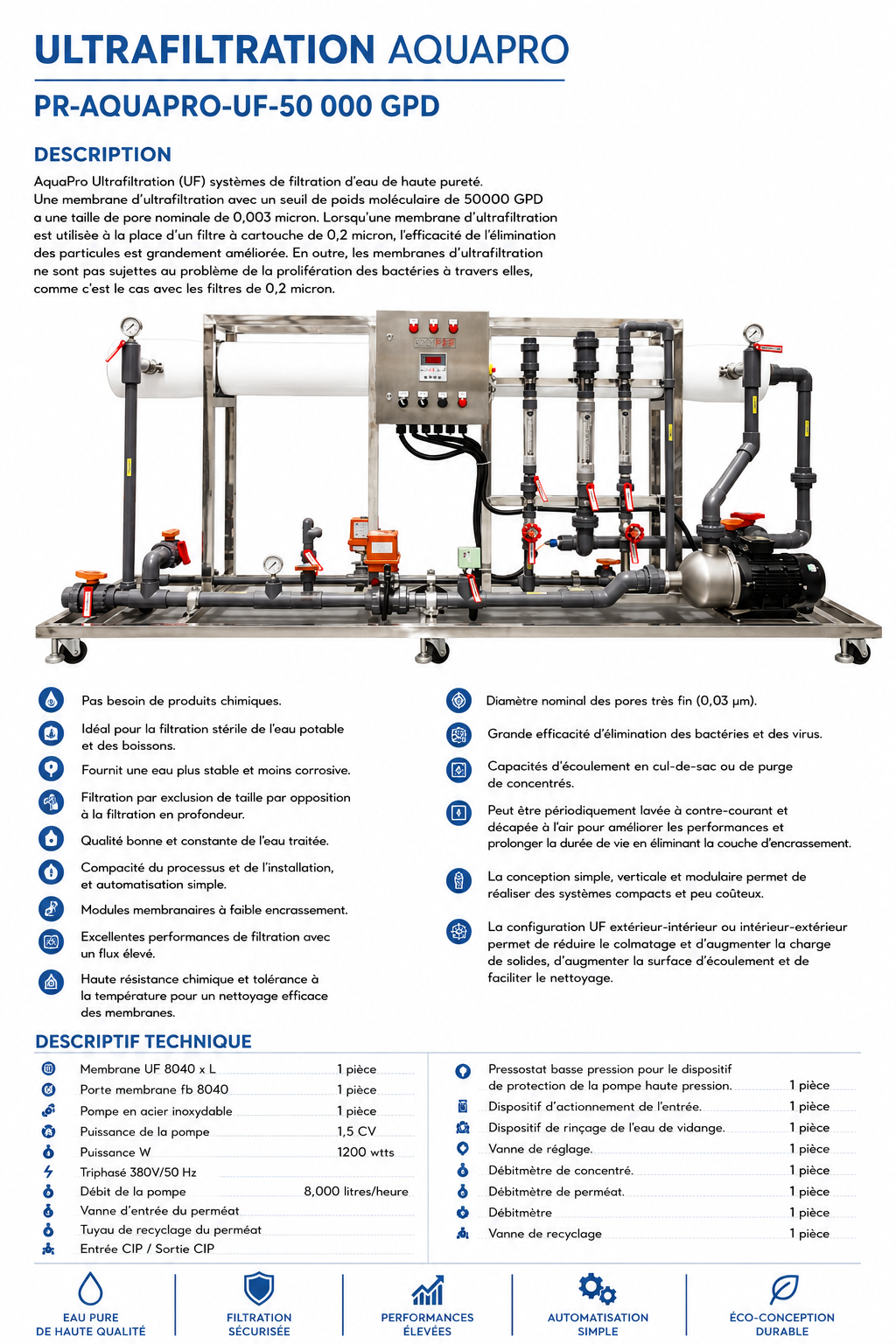 Unité d'Ultrafiltration Aquapro PR-AUF-50000G — 50 000 GPD, avec CIP